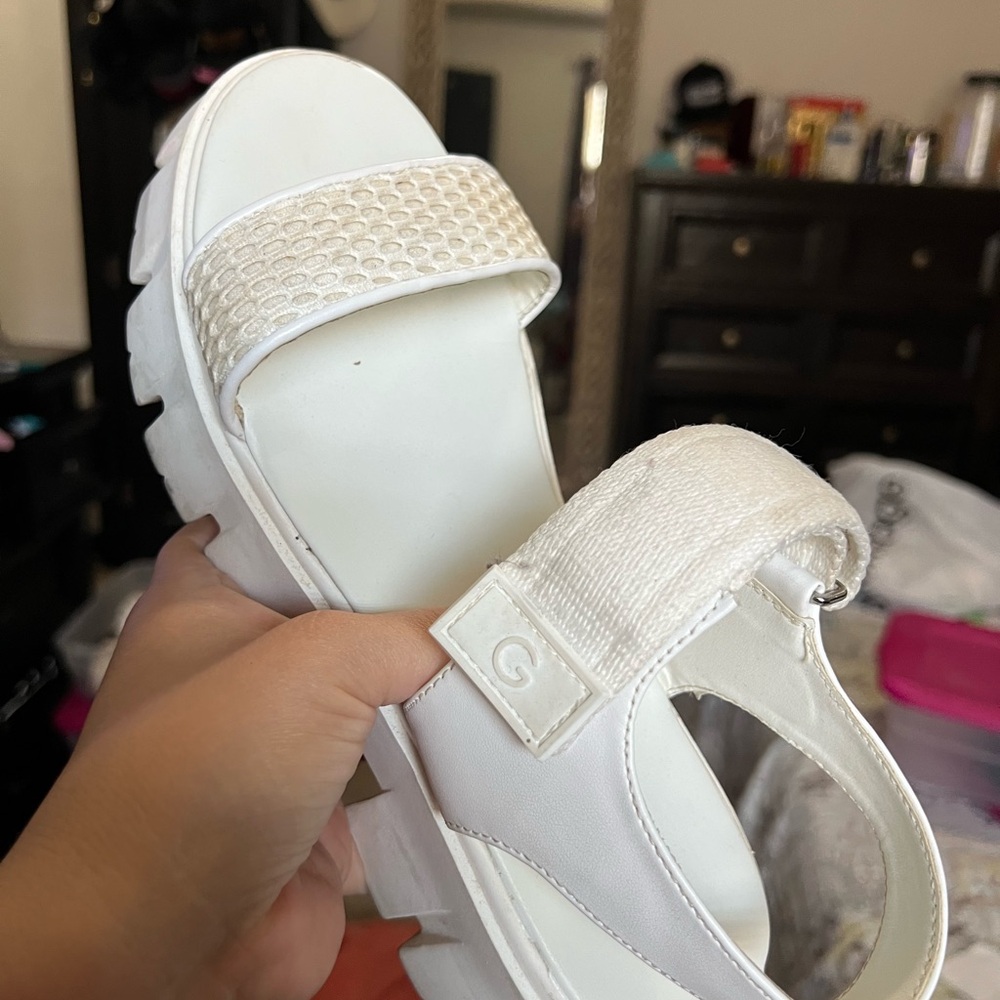 G by Guess White Chunky Sandals with Velcro Strap